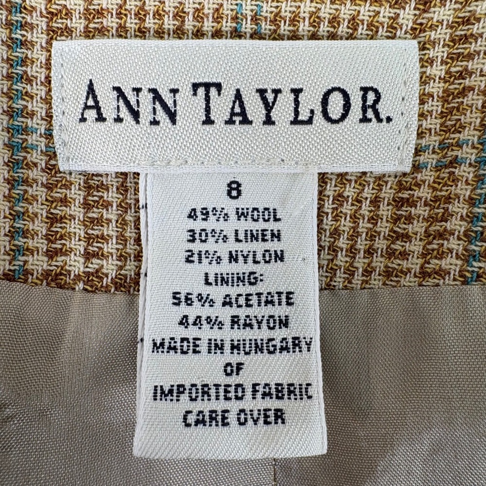 Ann Taylor Womens Brown Tan Plaid Wool Linen Blend 3 Button Blazer Jacket Size 8 - Picture 6 of 12